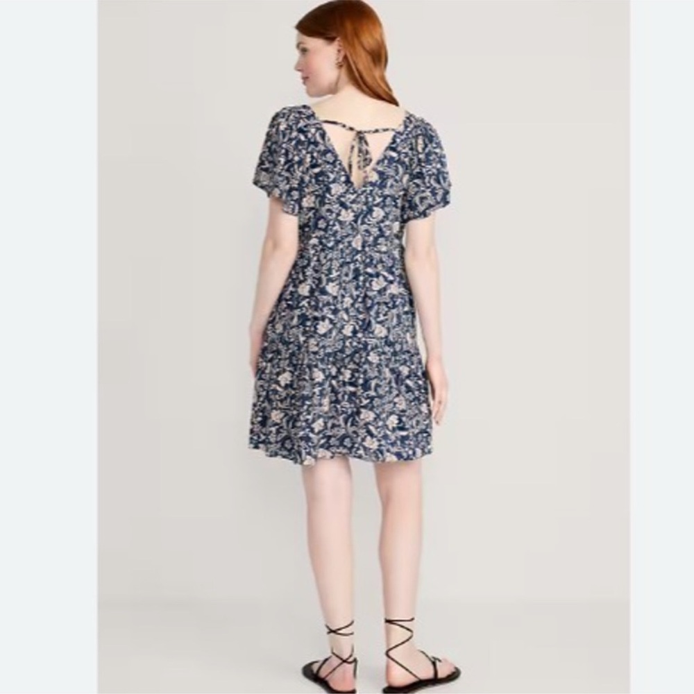 Old Navy V-Neck Tiered Mini Swing Dress in Blue/Tan Floral, Women's 3X - Picture 8 of 12